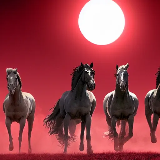 Image similar to four horsemen of the apocalypse, cinematic, red tones, eclipse