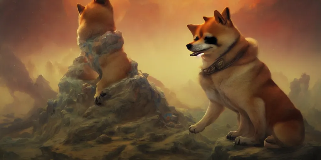 Prompt: a shiba inu in a volcano, mythology, extremely detailed digital painting, in the style of dali, jheronimus bosch and ruan jia and jeremy lipking and peter mohrbacher, mystical colors, edge light, beautiful lighting, 4 k, stunning scene, ray tracing, octane, trending on artstation