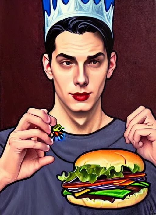 Image similar to oil painting, jughead jones wears a grey crown and devours a hamburger, intricate, elegant, highly detailed, lighting, painting, artstation, smooth, illustration, art by greg rutowski and alphonse mucha