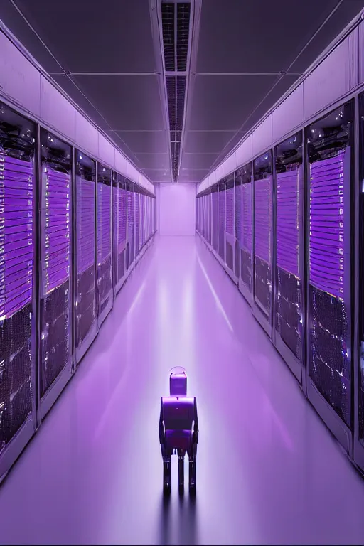 Image similar to hyperrealistic medium shot robot! in data center server building highly detailed concept art eric zener elson peter cinematic hard purple lighting high angle hd 8 k sharp shallow depth of field, inspired by david paul cronenberg and zdzisław beksinski