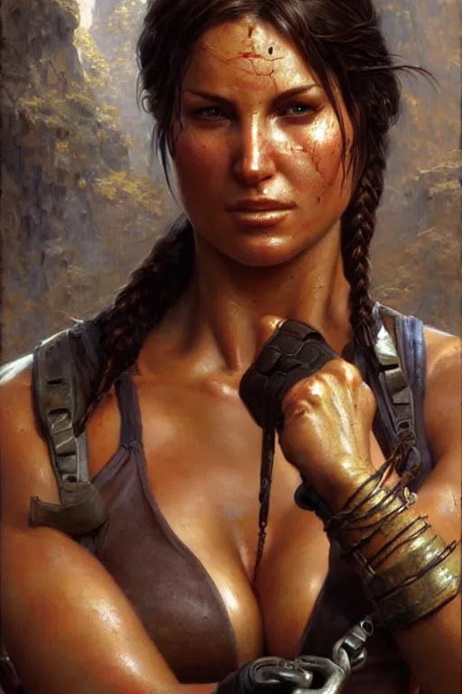 Prompt: muscular sweat lara croft, exhausted face close up, highly detailed painting by gaston bussiere, craig mullins, j. c. leyendecker 8 k