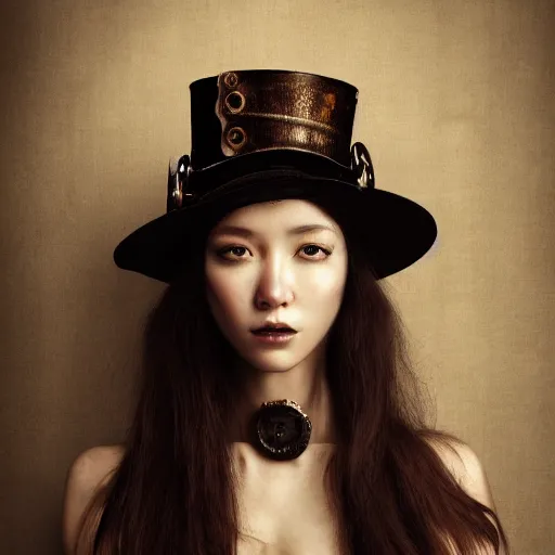 Prompt: a body portrait of a beautiful steampunk woman by zhang jingna, long hair, aged 2 5, swedish, wearing a travel hat, photo realistic, real life, photograph, 3 5 mm, octane render, trending on artstation