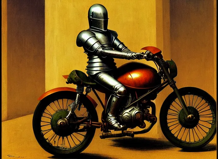 Image similar to knight in armor sitting on a motorcycle, rome, highly detailed, soft lighting, elegant, works by edward hopper and james gillard, zdislaw beksinski, stephen outram, andreas m wiese, highly detailed