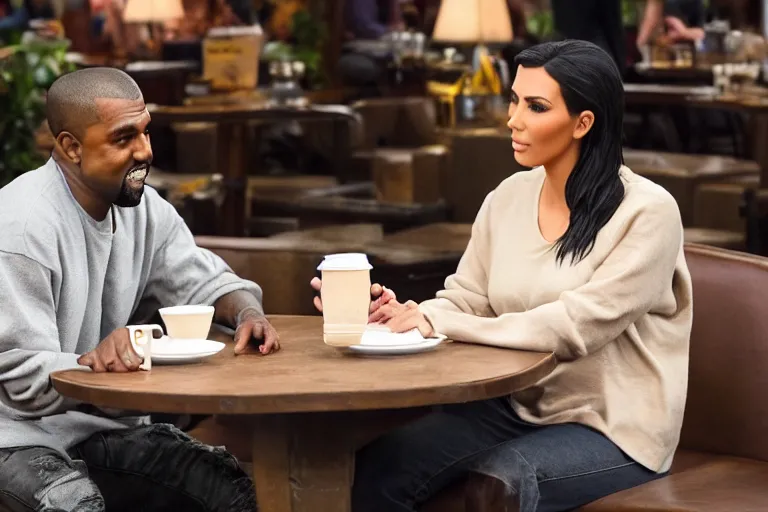 Image similar to Kanye West and Kim Kardashian (2018) are best friends, drinking coffee at central perk, still photo, hyperrealistic, highly detailed, 35mm, 8k, by weta digital