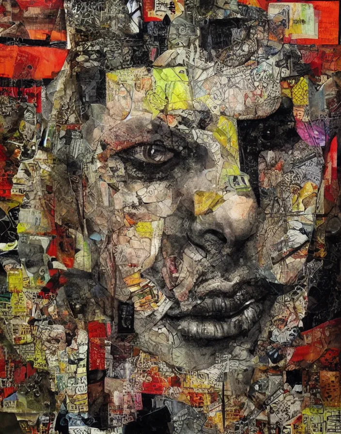 Image similar to distortion of reality detailed mixed media collage with canvas texture, conteporary art, punk art, realistic face, photorealistic, expressionism, masterpiece, perfect composition, spectacular quality, intricate oil details