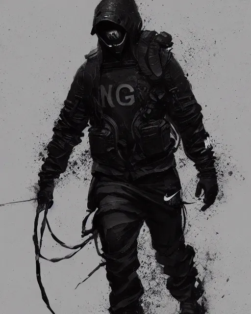 Image similar to Medium shot of a character wearing Nike ACG+Acronym+Riot Division in the style of greg rutkowski