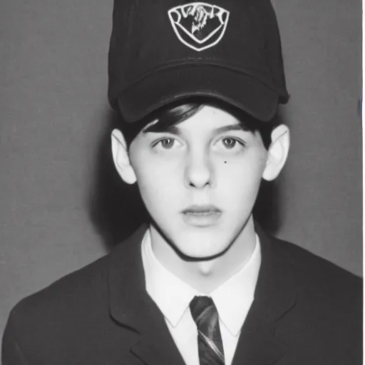 Prompt: a yearbook photo of Jughead Jones in 1966, he is wearing a whoopee cap