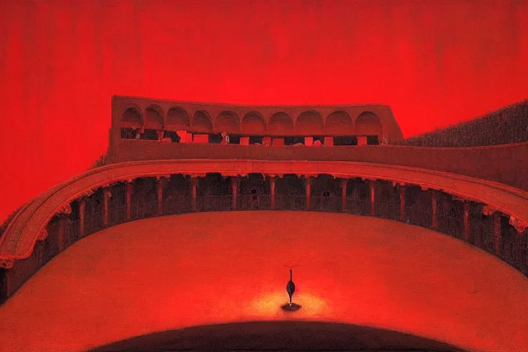 Image similar to only with red, a red melted emperor, taormina amphitheatre, crowd hails him, in the style of beksinski, parts by edward hopper, parts by rodcenko, parts by yue minjun, intricate and epic composition, red by caravaggio, insanely quality, highly detailed, masterpiece, red light, artstation, 4 k