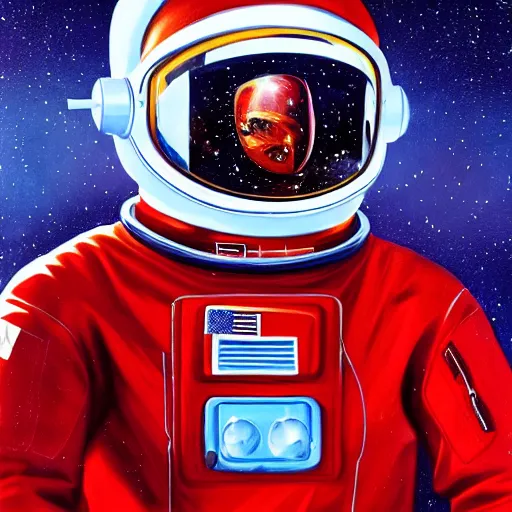 Prompt: a red suit astronaut high detail, with a light blue visor, 4 k, digital painting, trending on artstation