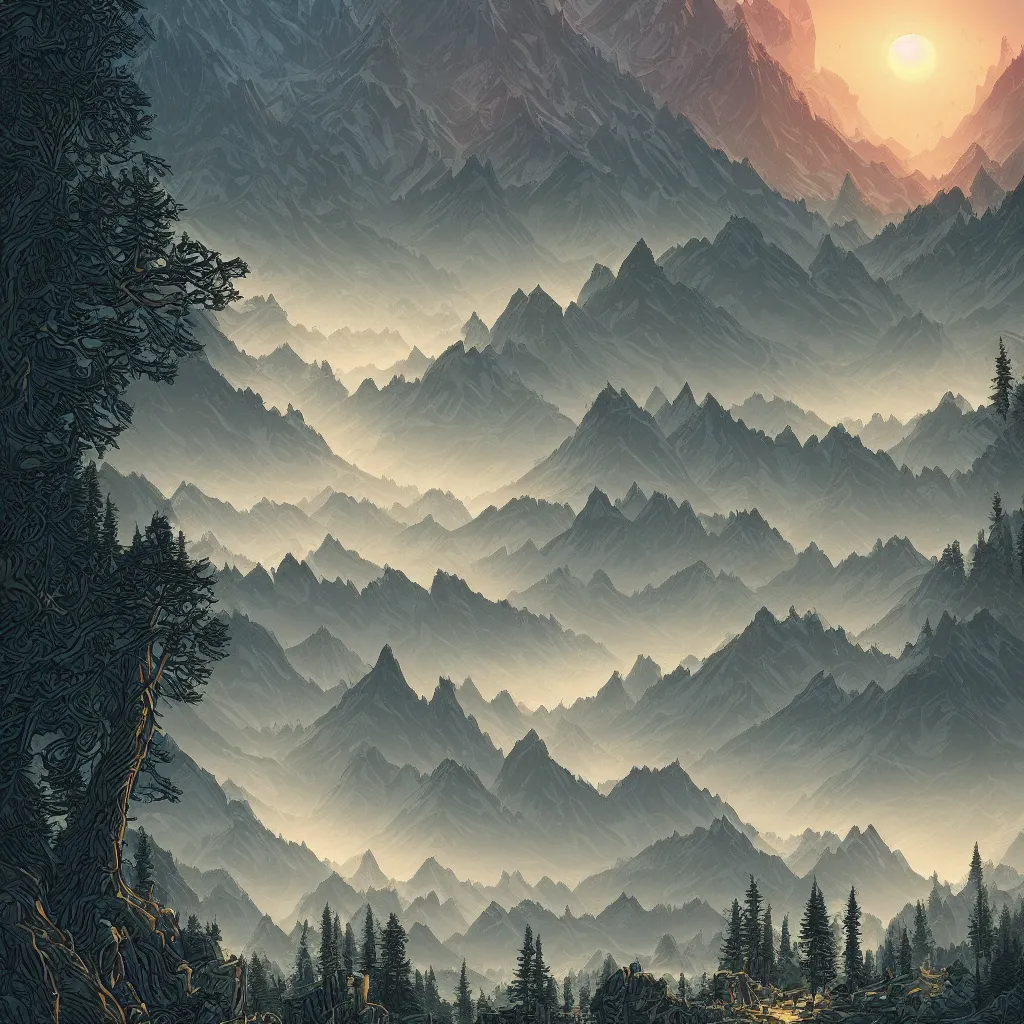 Image similar to a beautiful landscape with trees and mountains, by dan mumford, artstation, behance, highly detailed, concept art, dramatic lighting