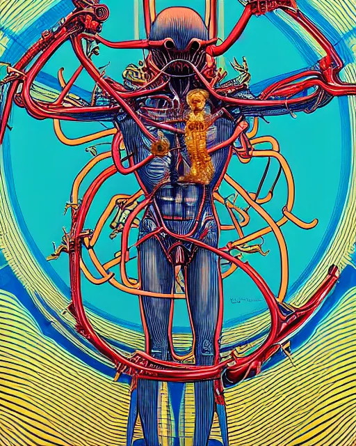 Image similar to space xenomorph as vitruvian man by james jean and shusei nagaoka, ultra wide angle, full body, no crop, golden ratio, retrofuturistic, hyper details