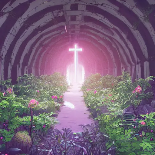 Image similar to a christian cross as the light is shining at the end of the tunnel, paradise outside of the tunnel, with pale purple and pale pink lighting, cute, aesthetic, anime, with a few vines and overgrowth, studio ghibli, cinematic, painting, high definition, digital art, symmetrical, very detailed, extremely high detail, photo realistic, concept art, unreal engine 5,