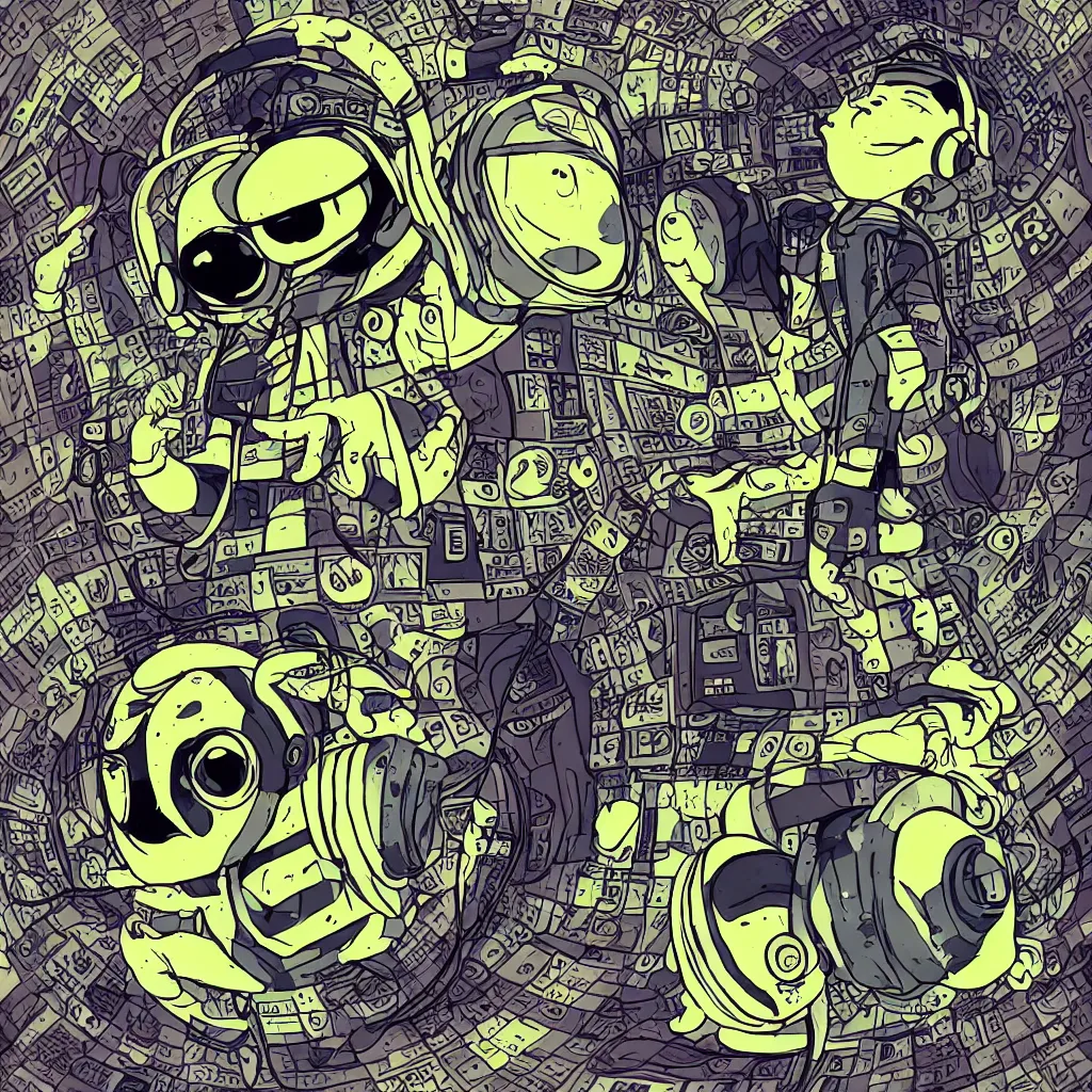 Image similar to a toad wearing headphones, ryuta ueda artwork, breakcore, style of jet set radio, y 2 k, gloom, space, cel - shaded art style, record store, data, minimal, code, cybernetic, dark, eerie, cyber