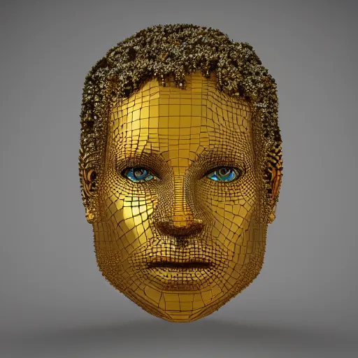 Image similar to a beautiful symmetrical face made of crystals,golden ornaments by alex gray and android jones, 3D, 8k resolution