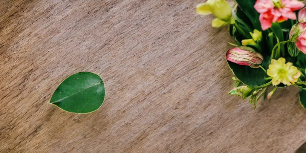 Prompt: a macro photo of a flower arrangement centered on a wood grain table