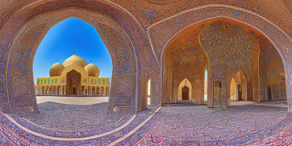 Prompt: equirectangular view of the nasir al - mulk mosque in iran