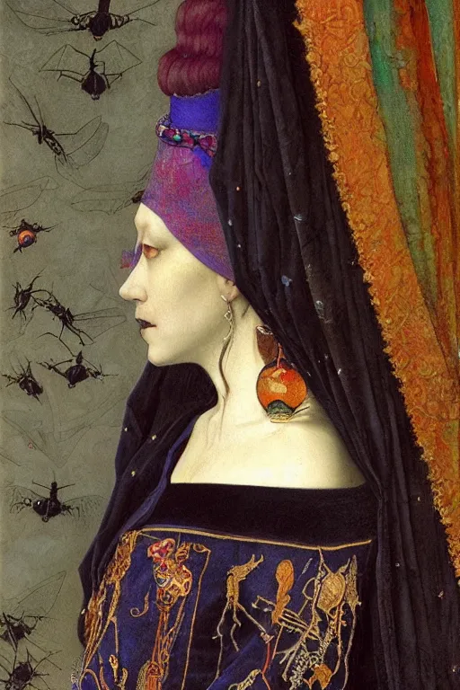 Image similar to portrait of the queen of crows, by Donato Giancola and John Bauer and Vermeer, embroidered velvet waistcoat, iridescent beetles, rich color, featured on Artstation, cgisociety, unreal engine, extremely detailed