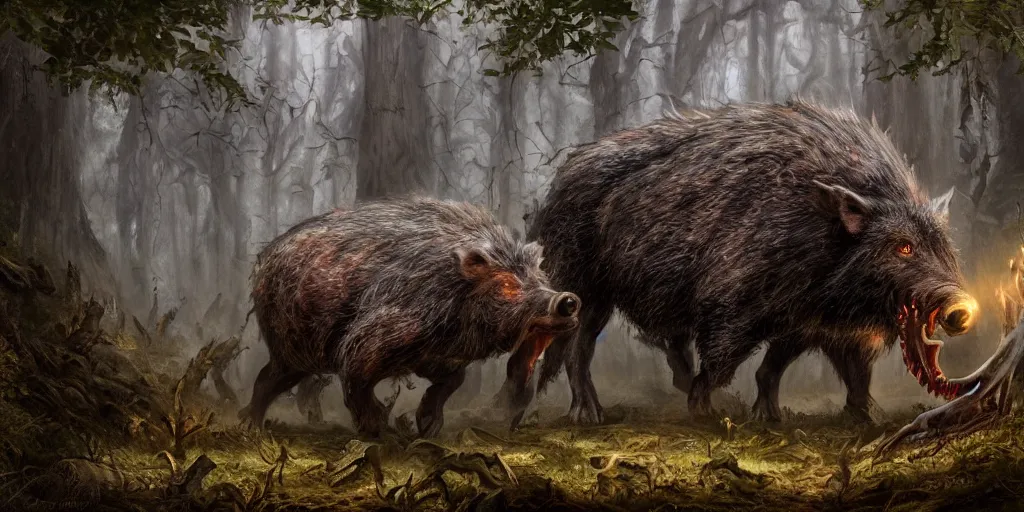 Prompt: giant monstrous wild boar with red eyes and many tusks, in dark woods, dim colors, forest, highly detailed illustration, masterpiece, fantasy, magical, hyperdetailed, realistic, witch fairytale, 4 k, 8 k, highly detailed matte painting, dungeons and dragons