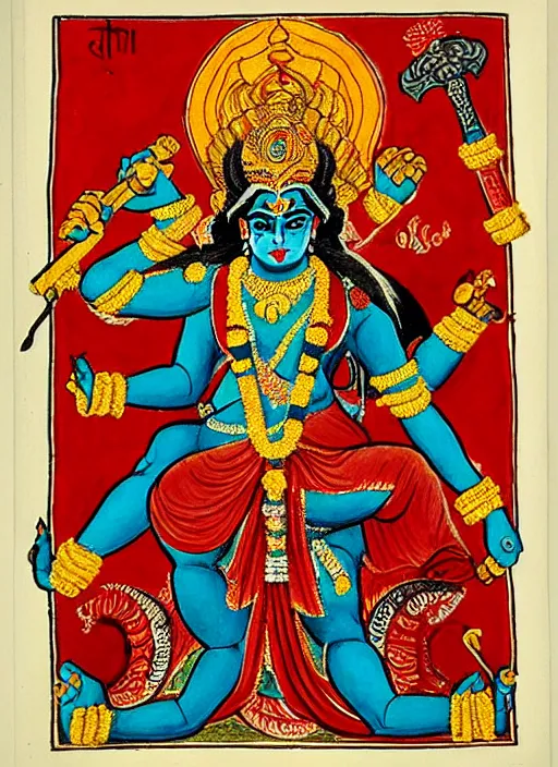 Image similar to kali - durga in the style of ivan bilibin with a hammer and sickle and in the forehead the star burns