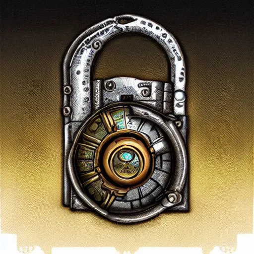 Image similar to a steampunk keyed padlock 🔒 🔑, fantasy digital art, in the style of hearthstone artwork