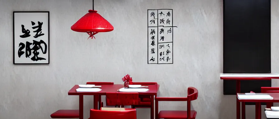 Image similar to a beautiful simple interior render of small roasted string hotpot restaurant restaurant yan'an, wall corner, from china, red paper wall and white tile floor, rectangle white porcelain table, black chair, fine simple delicate structure, chinese style, simple composition, simple style structure decoration design, victo ngai, 4 k hd