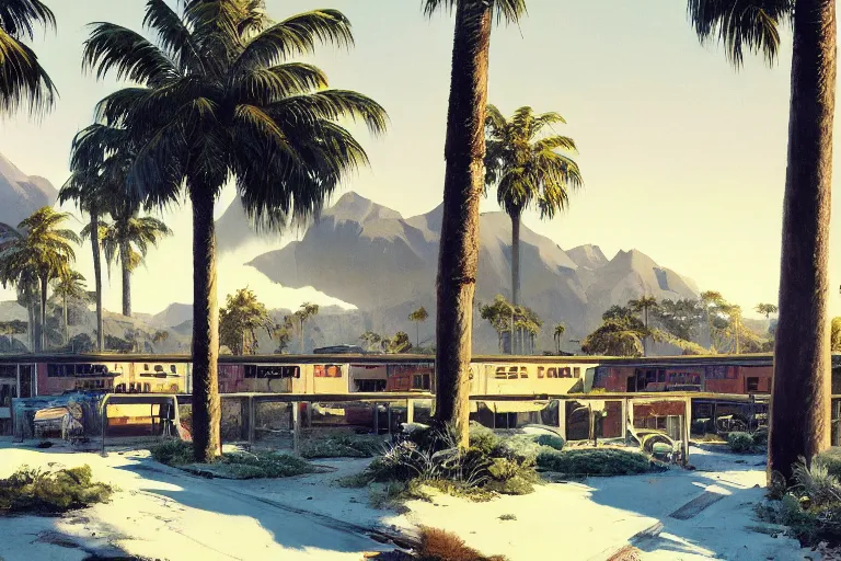 Prompt: natural american landscape | abandoned motel | palm trees | snowy mountains, painting by syd mead and weta studio and james jean, frank frazetta, highly detailed, rule of third, soft lighting, 8 k resolution, oil on canvas, architectural magazine, beautiful detailed, insanely intricate details, artstation trending, hypermaximalistic, high details, cinematic