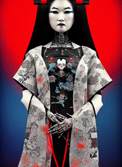 Image similar to full body portrait of a gothic style japanese robot geisha with kanji tattoos and decals wearing a digital pixelated kimono, intricate design, photo - realistic, octane render, dark colour palette, ultra fine detailed, character design, trending on artstation