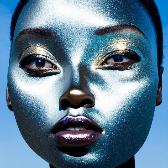 Prompt: portrait of metallic face, african woman, mercury, mirror reflections, smooth, liquid metal, proud, looking away, outdoor, blue sky, 8 k, realistic, depth of field, highly detailed, award winning photography
