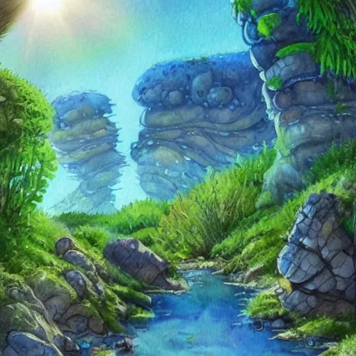 Image similar to beautiful happy picturesque charming sci - fi organic pod - like homes of the future in a beautiful natural scene. water, trees and rocks. beautiful light. soft colour scheme. beautiful artistic detailed watercolor by lurid. ( 2 0 2 2 )