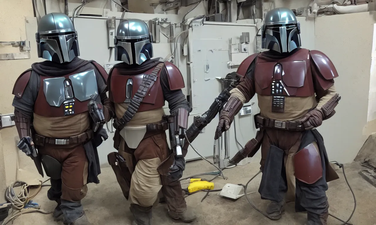 Image similar to overweight mandalorian working as an electrician