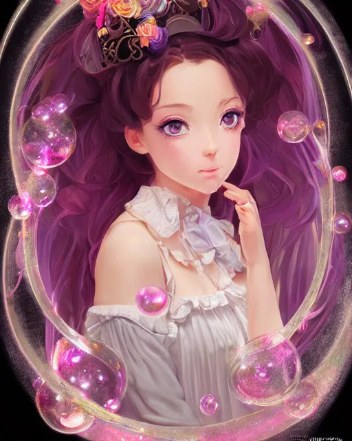 Image similar to portrait of magical lolita girl, dreamy and ethereal, expressive pose, big gold eyes, exciting expression, fantasy, intricate, elegant, many rainbow bubbles, rose tones, highly detailed, anime, artstation, concept art, cyberpunk wearing, smooth, sharp focus, illustration, art by artgerm and greg rutkowskiand alphonse mucha