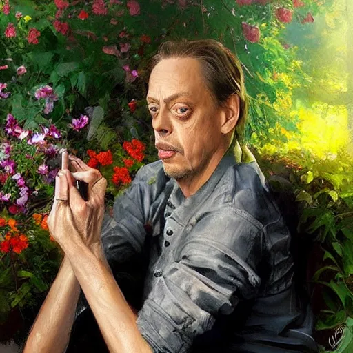 Image similar to steve buscemi sitting in a lovely garden. beautiful painting by raymond swanland, beautiful detailed face.