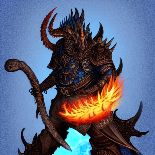 Image similar to a dark blue dragonborn with large tusks, half of his face flaming with blue flame, he wears a black dragon scales armor, large black boots and brown pants, digital art