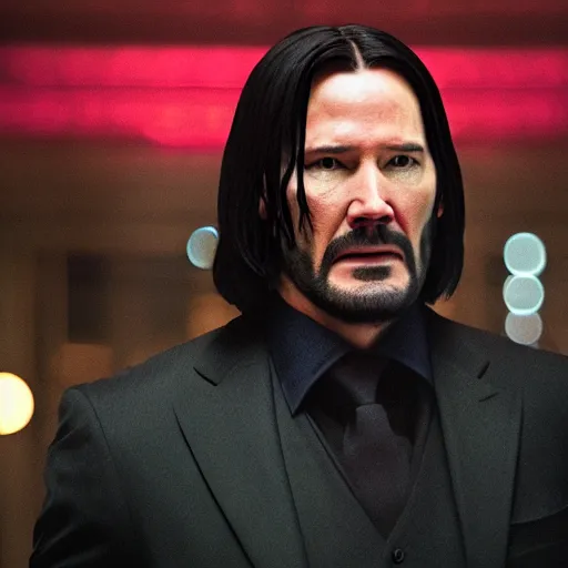 Image similar to cinematic still of John Wick wearing a birthday hat from the film John Wick (2009)