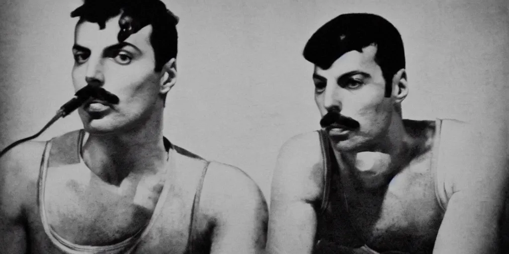 Image similar to freddie mercury sits in a russian prison, black and white photo, realism, 3 5 mm, good lighting