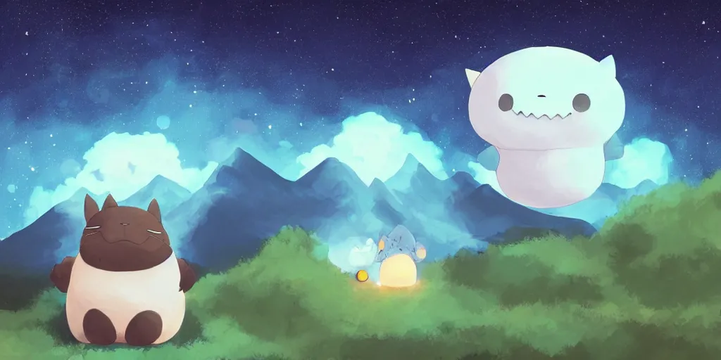 Image similar to glowing snorlax totoro, mountain landscape, night sky, digital art, digital painting, celestial, majestic, colorful