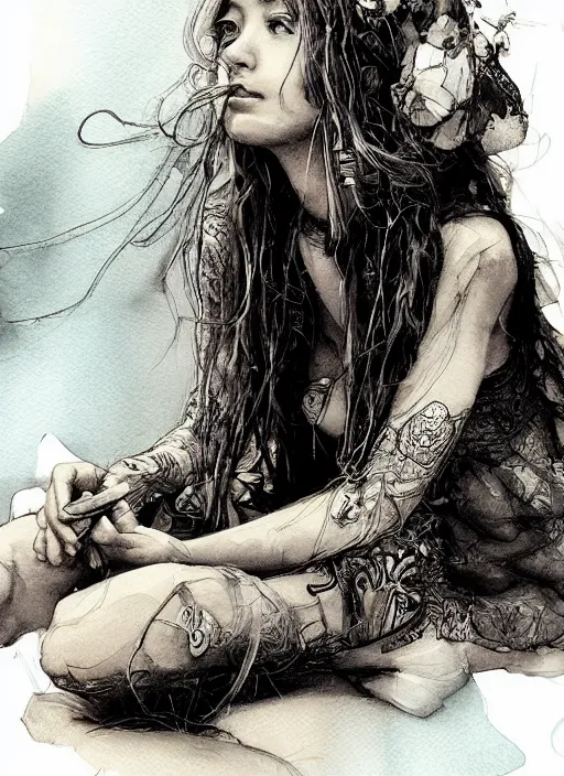 Prompt: portrait, beautiful Stoner hippy girl, sitting cross-legged, smoking a magical bong, watercolor, dramatic lighting, cinematic, establishing shot, extremely high detail, foto realistic, cinematic lighting, pen and ink, intricate line drawings, by Yoshitaka Amano, Ruan Jia, Kentaro Miura, Artgerm, post processed, concept art, artstation, matte painting, style by eddie mendoza, raphael lacoste, alex ross