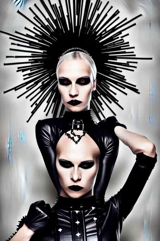 Image similar to a woman in a black leather outfit with spikes on her head, a high fashion character portrait by christen dalsgaard, featured on behance, gothic art, androgynous, genderless, gothic
