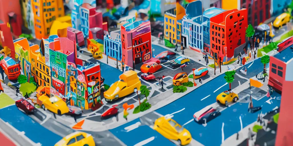 Prompt: paper craft diorama of a colorful city with people and cars