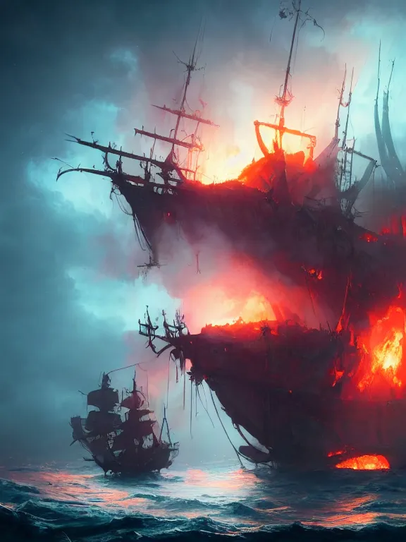 Prompt: photo of 8k ultra realistic pirate ghost ship on fire, full of colour, cinematic lighting, battered, trending on artstation, 4k, hyperrealistic, focused, extreme details,unreal engine 5, cinematic, masterpiece, art by Peter Mohrbacher