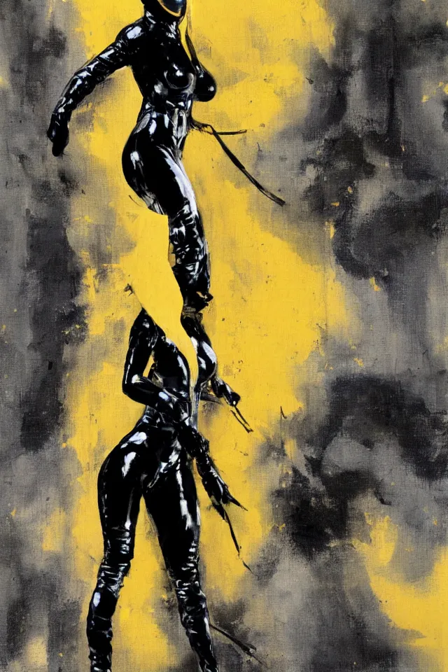 Prompt: painting of one ninja woman in a black latex suit by ashley wood