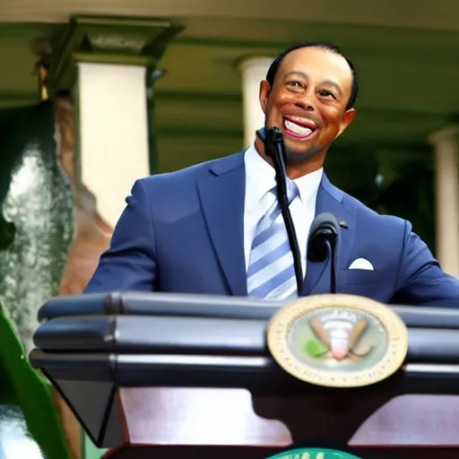 Image similar to tiger woods giving the state of the union address as president of the united states of america. ultra realistic. 4 k.