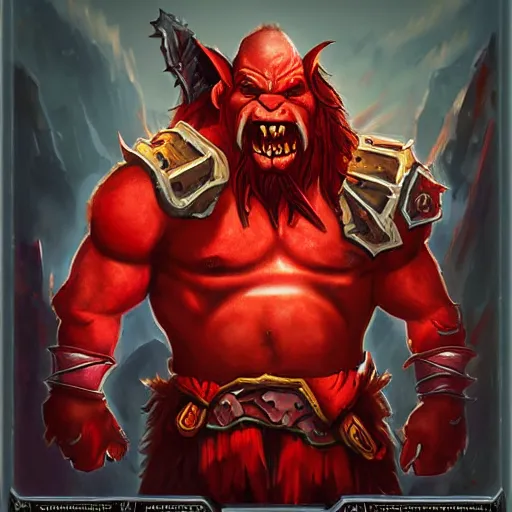 Image similar to red orc warrior, red theme lighting, battlefield background, in hearthstone art style, epic fantasy style art, fantasy epic digital art, epic fantasy card game art