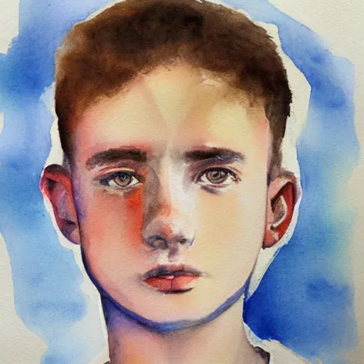 Image similar to Portrait of 14 years old boy, aquarelle