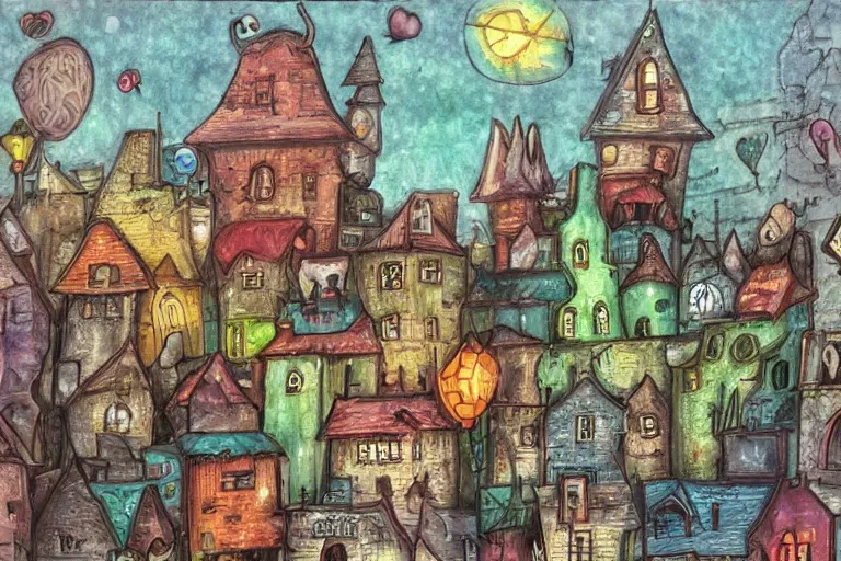 Image similar to a small fantasy town, mixed media on canvas, 2 d, whimsical,