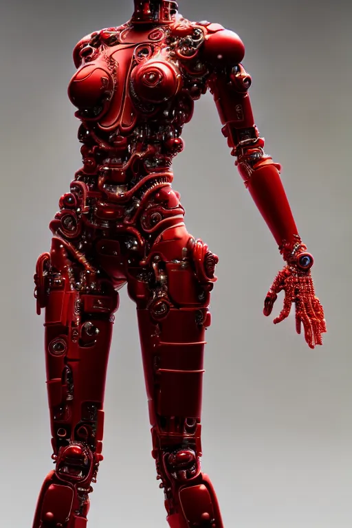 Image similar to a statue made of red marble, of an beautiful chinese girl, full body shot, perfect body, white biomechanical, inflateble shapes, wearing epic bionic cyborg implants, masterpiece, intricate, biopunk futuristic wardrobe, vogue, highly detailed, artstation, concept art, background galaxy, cyberpunk, octane render