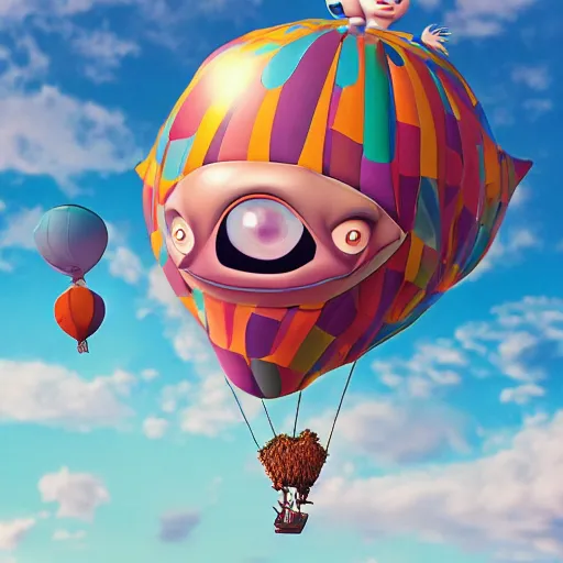 Prompt: giant, massive, detailed, shiny, 3 d, pastel, blowup balloon character with eyes and mouth, twisting geometry, floating in a painted sky, cinematic, 4 k by'eva cremers'and'lesley barnes'and'jordan coelho'