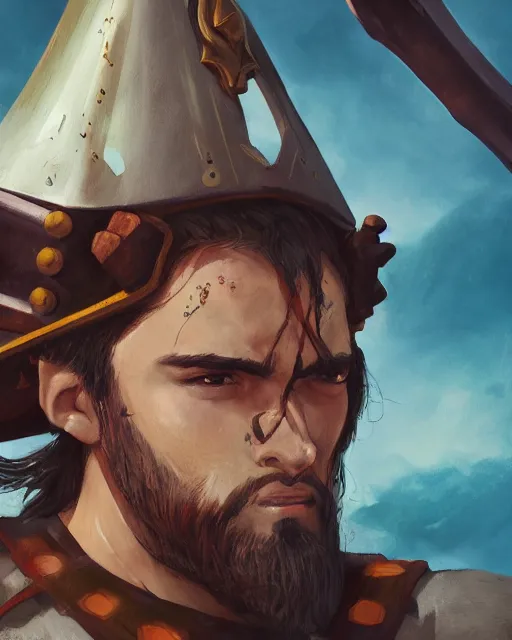 Prompt: portrait of a spanish conquistador in battle, by daniel zrom and mingchen shen, studio ghibli color scheme, detailed, handsome, anatomy, sharp focus, photography, magic : the gathering, octane, cinematic lighting, facial features, clear face, realistic face, golden ratio