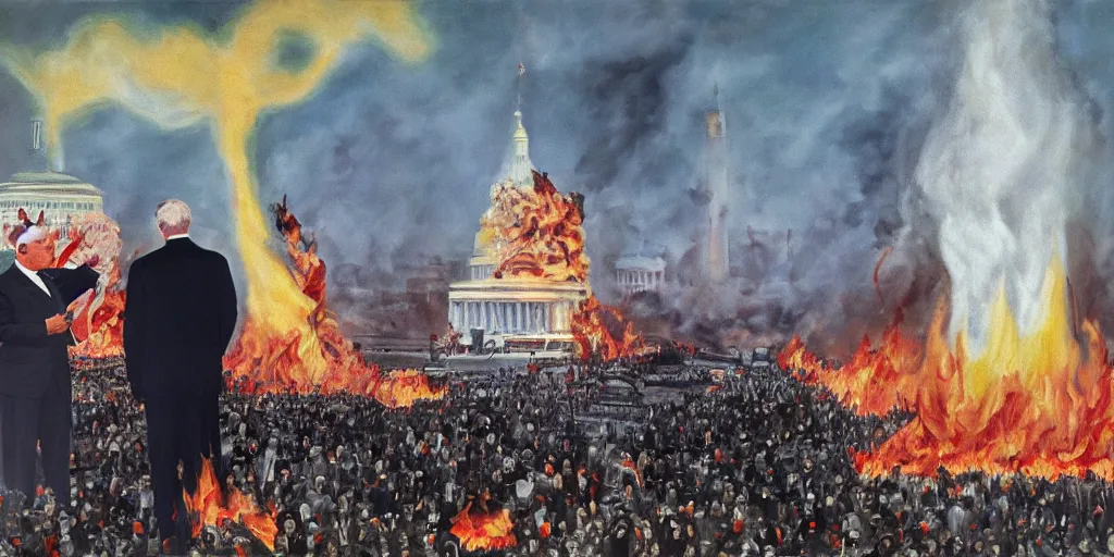 Image similar to United States President viewing the Capital Burn, 1958, Oil on Canvas, Antiwar, full body, dramatic, surreal, digital art