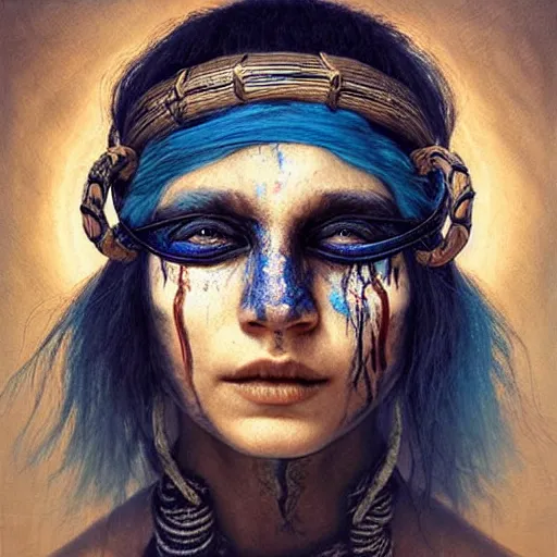 Image similar to A young blindfolded shaman woman with a decorated headband, in the style of heilung, blue hair dreadlocks and wood on her head, atmospheric lighting, intricate detail, cgsociety, ambient light, dynamic lighting, art by karol bak